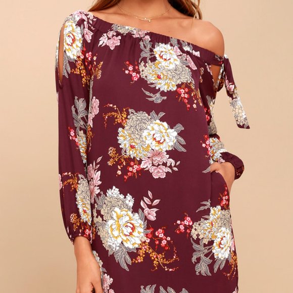 NWT ALI & JAY Jade Plum Purple Floral Print Off-the-Shoulder Shift Dress SIZE L - Picture 2 of 4